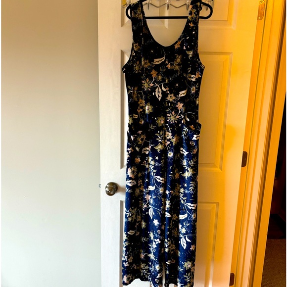 Earthbound Blue Floral Sleeveless Velvet Wide Leg Stretch Jumpsuit Pockets M/L - Picture 4 of 12